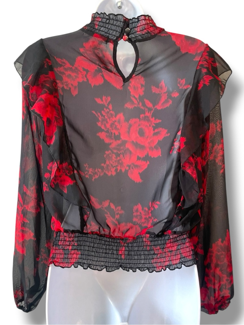 Sheer Floral Smocked Blouse Black Red Romantic Goth Cottagecore Top - L.I.F.E - Picture 3 of 8